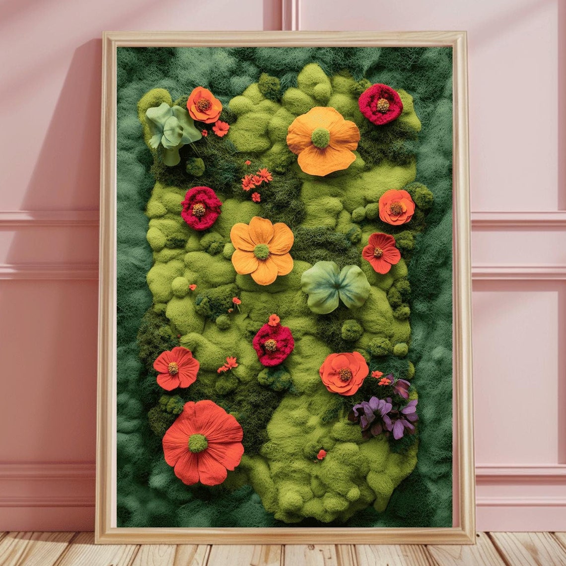 Red Orange Poppy Blooms Over Textured Green Moss Meadow Poster