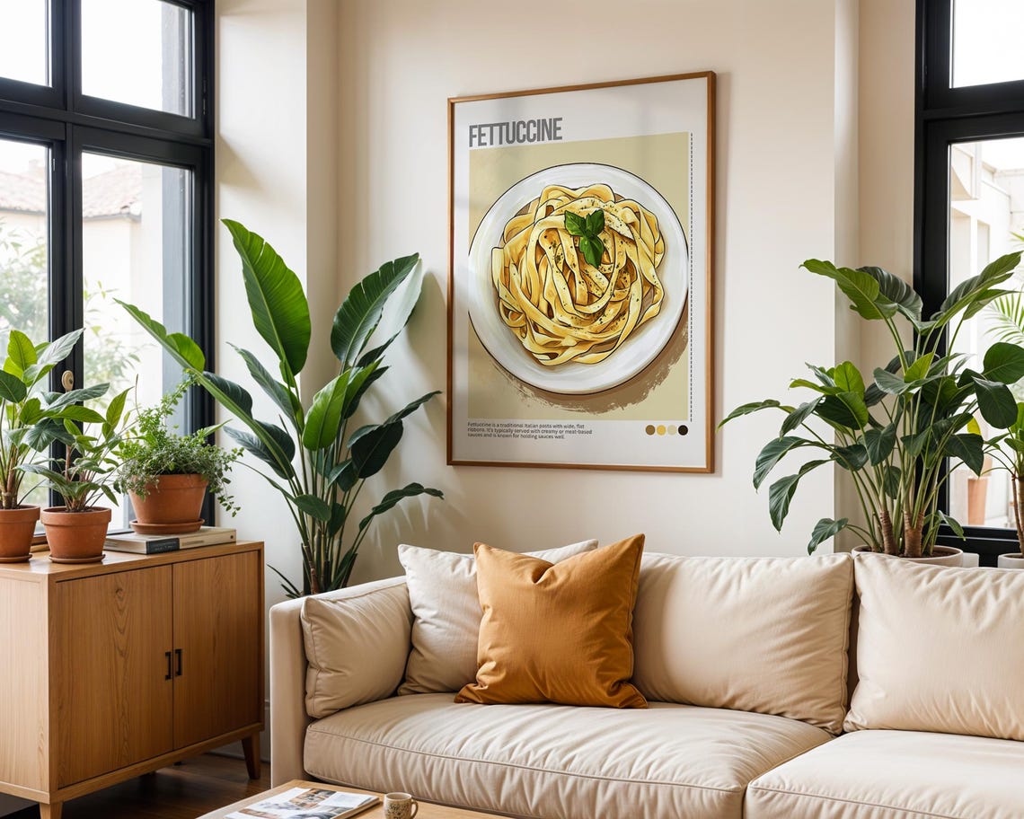 Fettuccine Pasta Bowl Basil Italian Cuisine Illustrated Poster - Image 7
