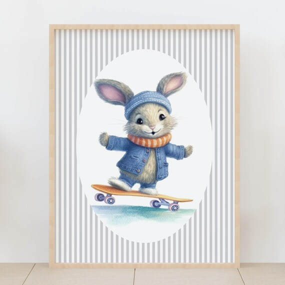 Cute Bunny Skateboarder Denim Jacket Kids Nursery Animal Poster