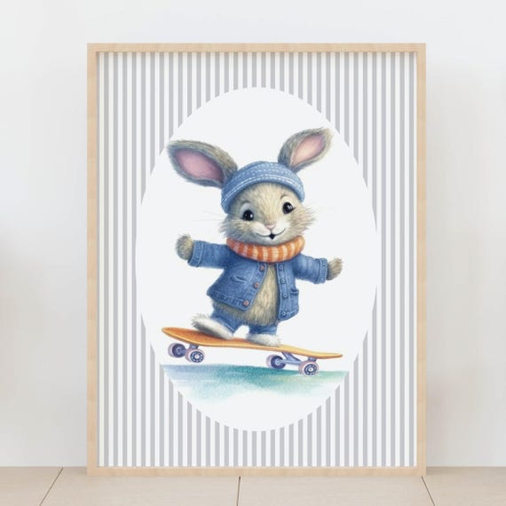 Skateboard Bunny Nursery Wall Art Cute Rabbit Kids Room Decor Blue Striped Baby Print Playroom Poster