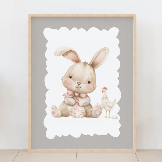 Adorable Easter Bunny Print Watercolor Chick Egg Art Spring Nursery Decor For Cute Kids Room Decoration