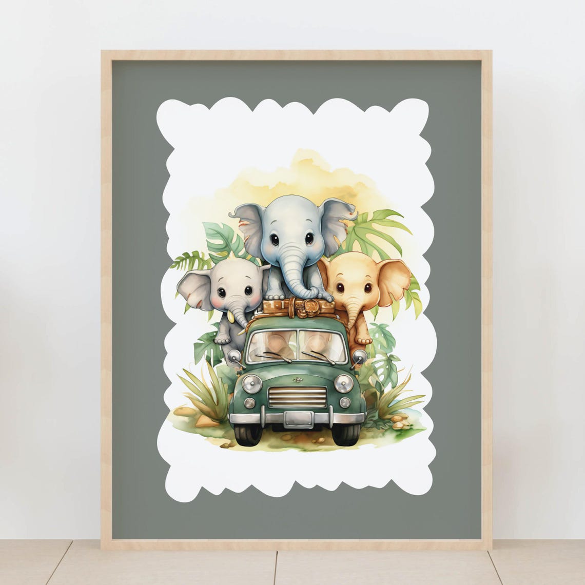 Baby Elephants Safari Car Watercolor Cute Jungle Nursery Poster