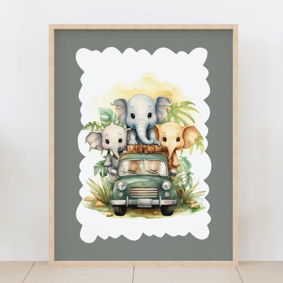 Elephant Safari Car Wall Art Retro Jungle Animal Cute Nursery Decor For Kids Room Baby Shower Gift
