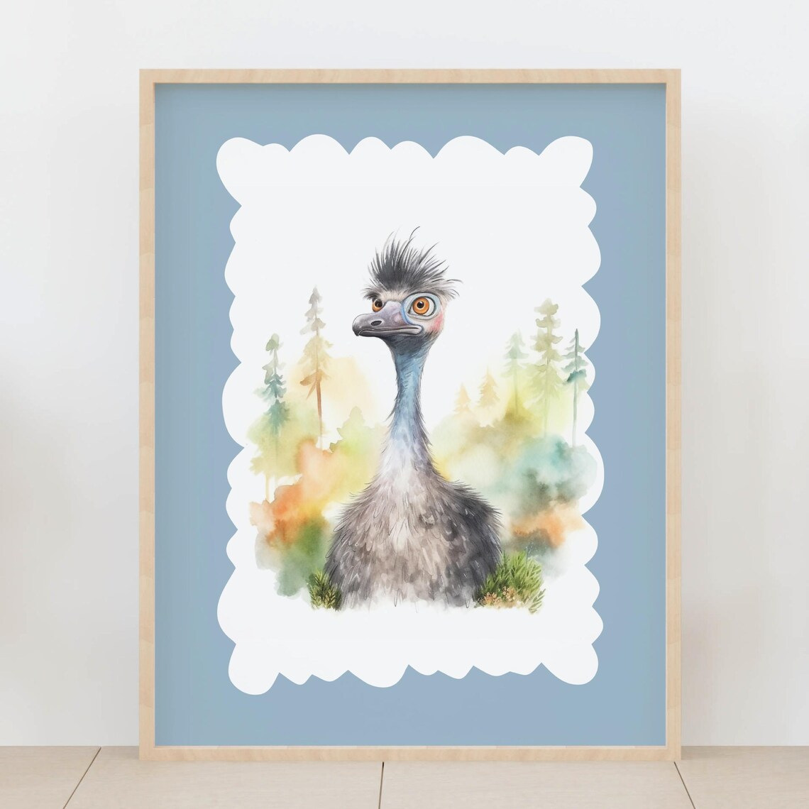 Whimsical Emu Bird Watercolor Safari Nursery Animal Art Poster