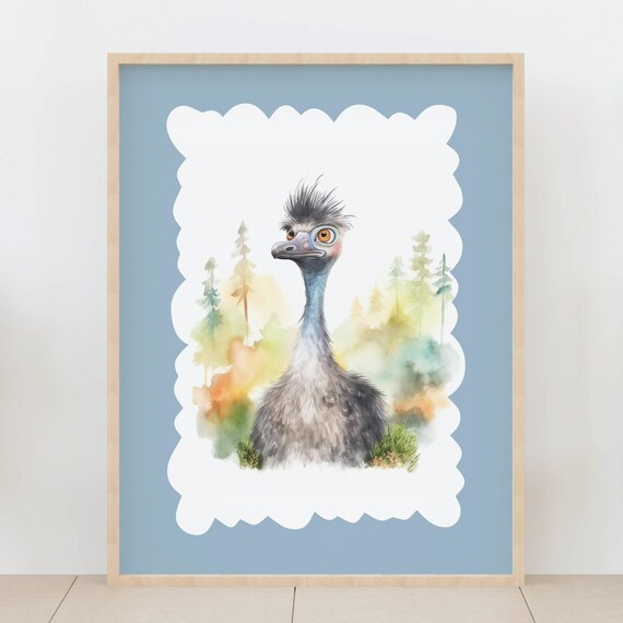 Whimsical Emu Bird Watercolor Safari Nursery Animal Art Poster