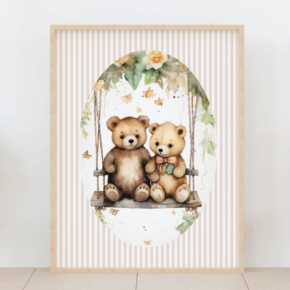 Teddy Bear Nursery Wall Art Beige Stripes Baby Room Dcor Cute Animal Kids Poster Gender Neutral Artwork