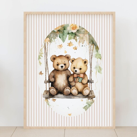 Two Teddy Bears on a Leafy Swing Watercolor Nursery Wall Art