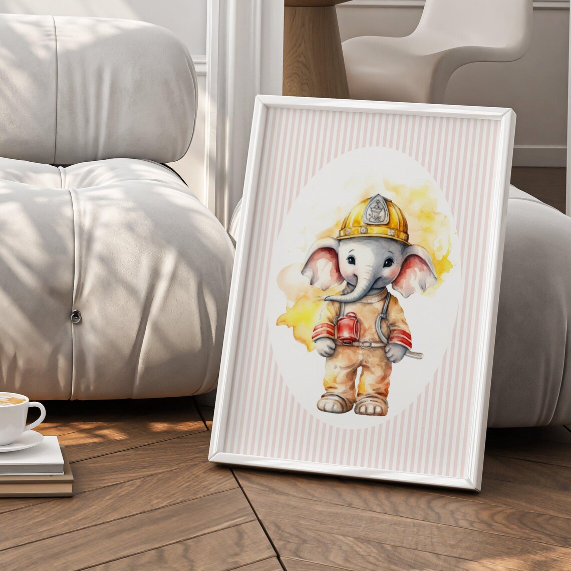 Firefighter Elephant Poster, Cute Safari Nursery Decor