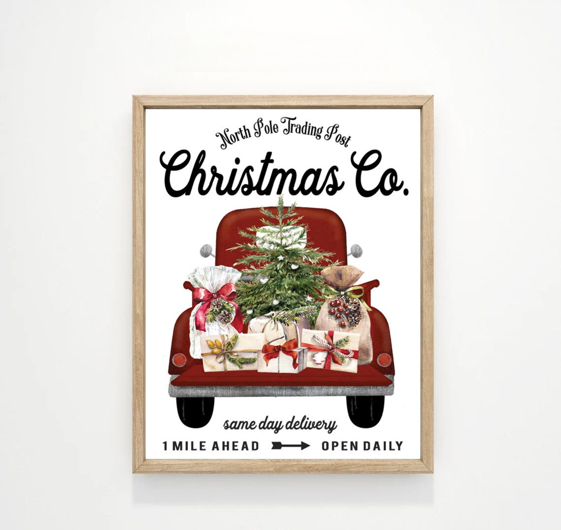 Red Truck Christmas Tree Gifts Farmhouse Holiday Sign Poster