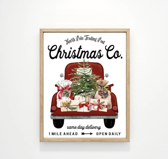 Red Truck Christmas Tree Gifts Farmhouse Holiday Sign Poster