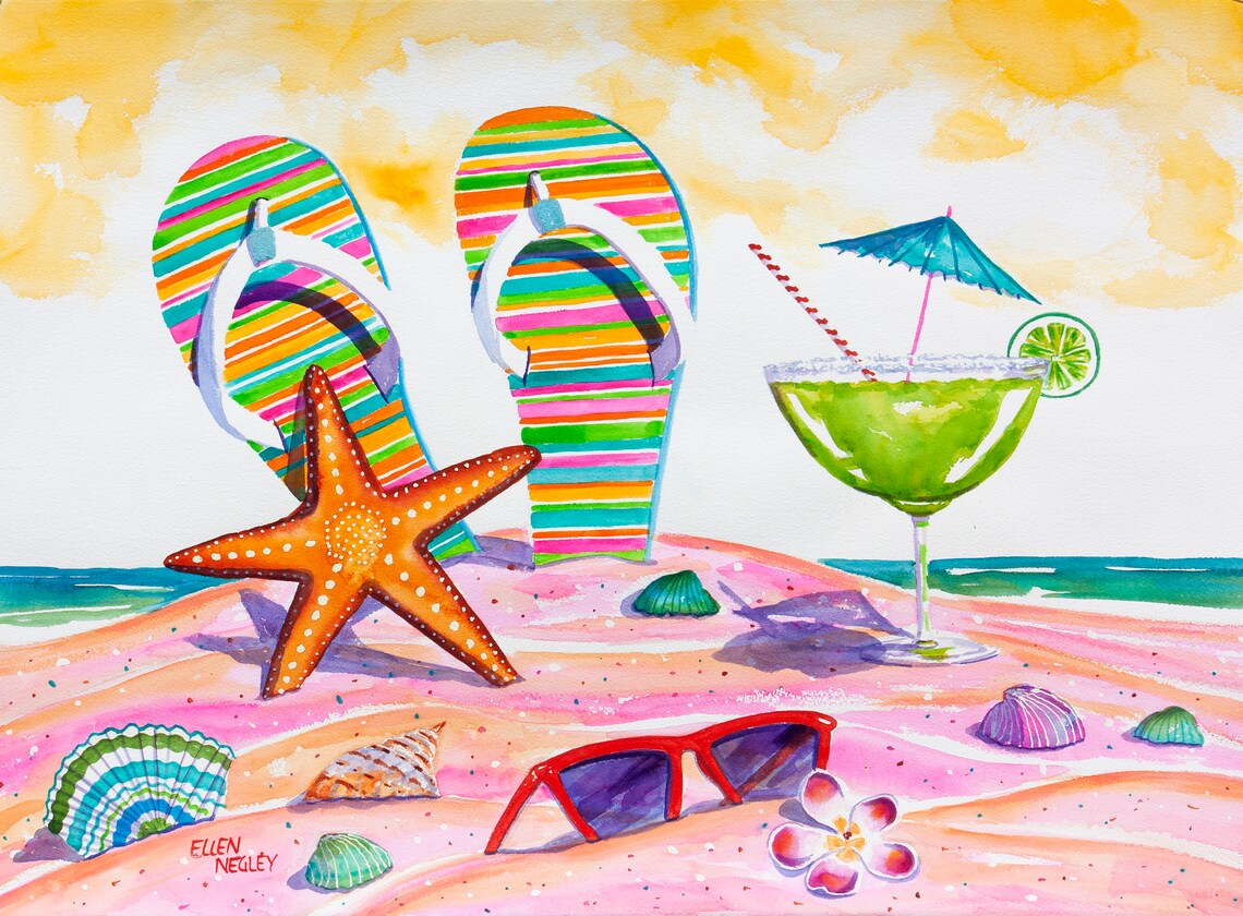 Ellen Negley Beach Watercolor Flip Flop Art Print