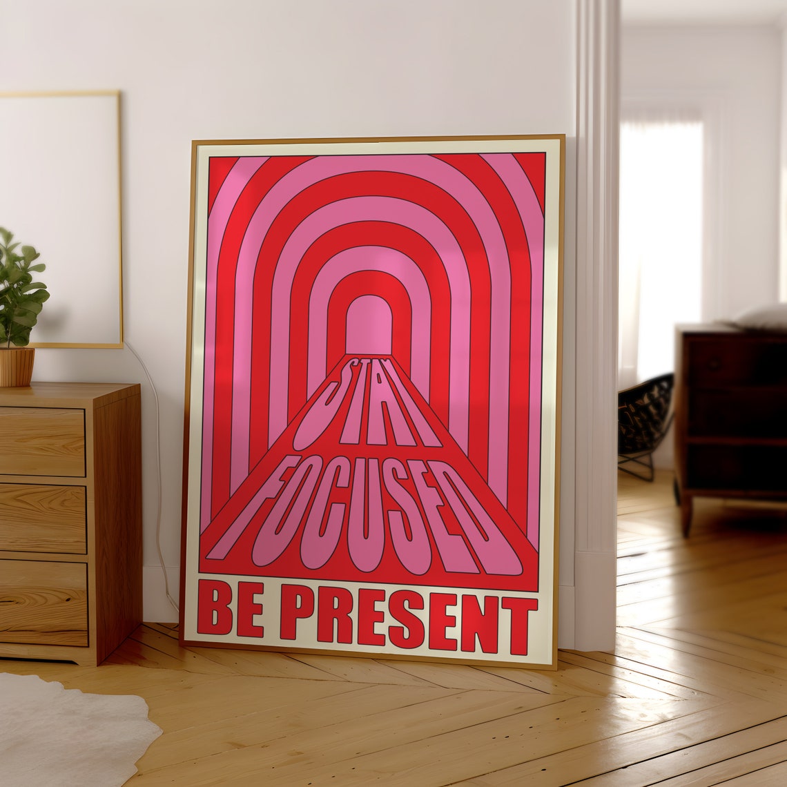 Stay Focused Be Present Red Pink Retro Tunnel Typography Art Poster - Image 2