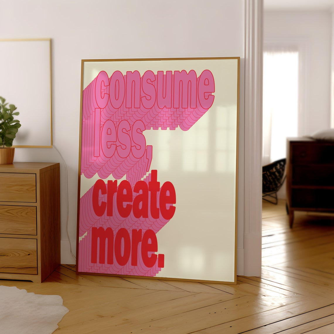 Consume Less Create More Beige Groovy Retro Typography Wall Poster - Image 3