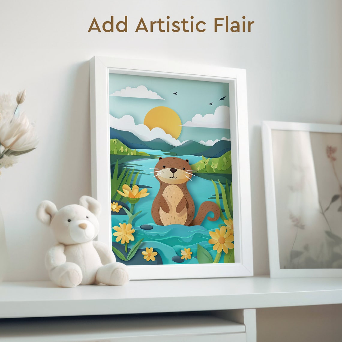 Cute Otter by the River at Golden Sunset in Papercut Style Poster - Image 2
