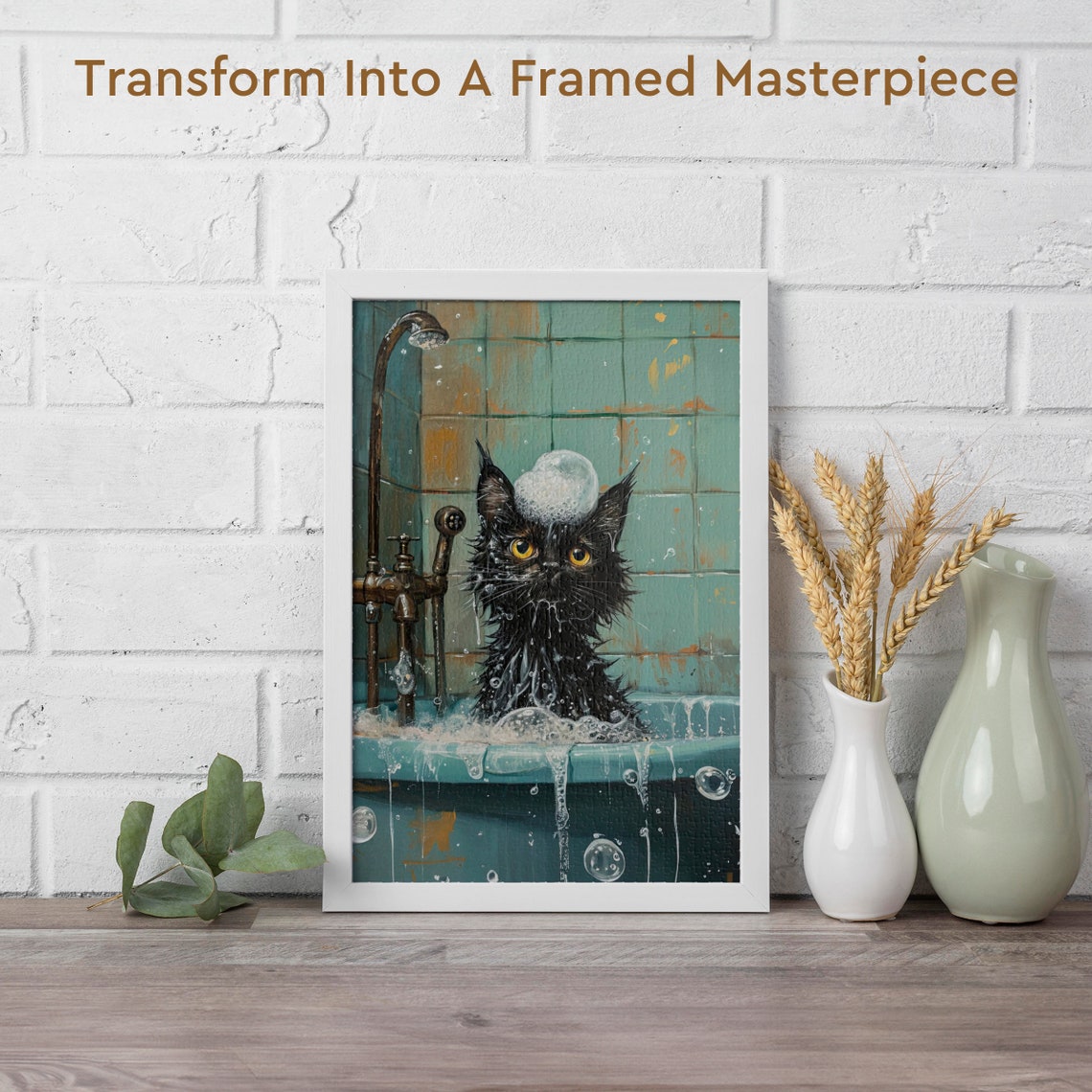 Wet Black Cat Taking a Soapy Bubble Bath in an Old Tub Poster - Image 2