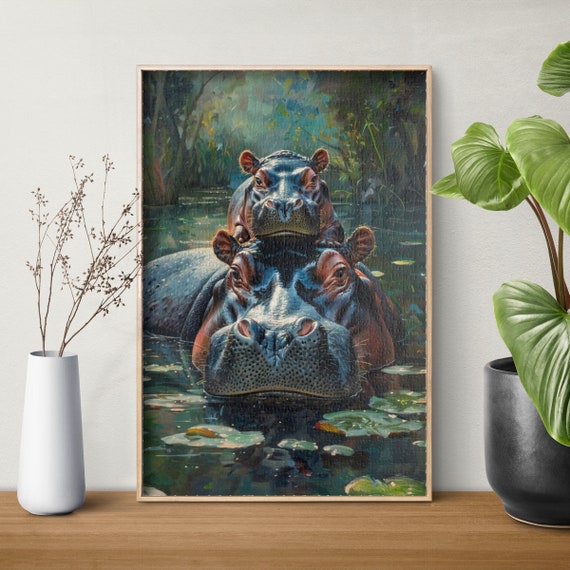 River Wildlife Hippo Family Art Print, Nursery Decor