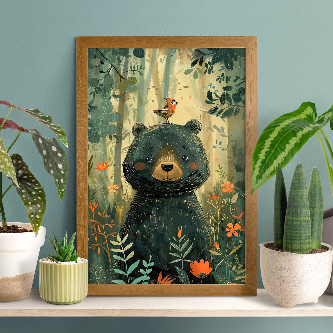 Joyful Bear And Bird Wildlife Nursery Art Print