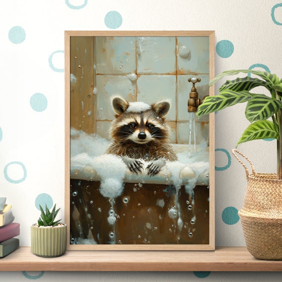 Bathtub Raccoon Bathroom Animal Portrait Art Print