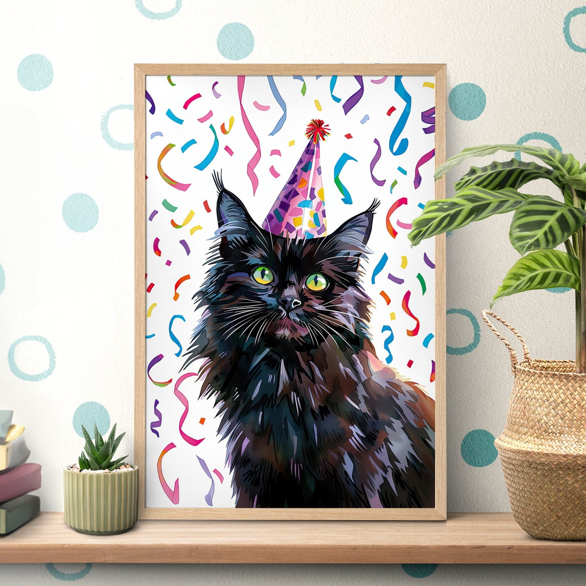 Fluffy Black Cat Wearing a Birthday Party Hat with Confetti Poster