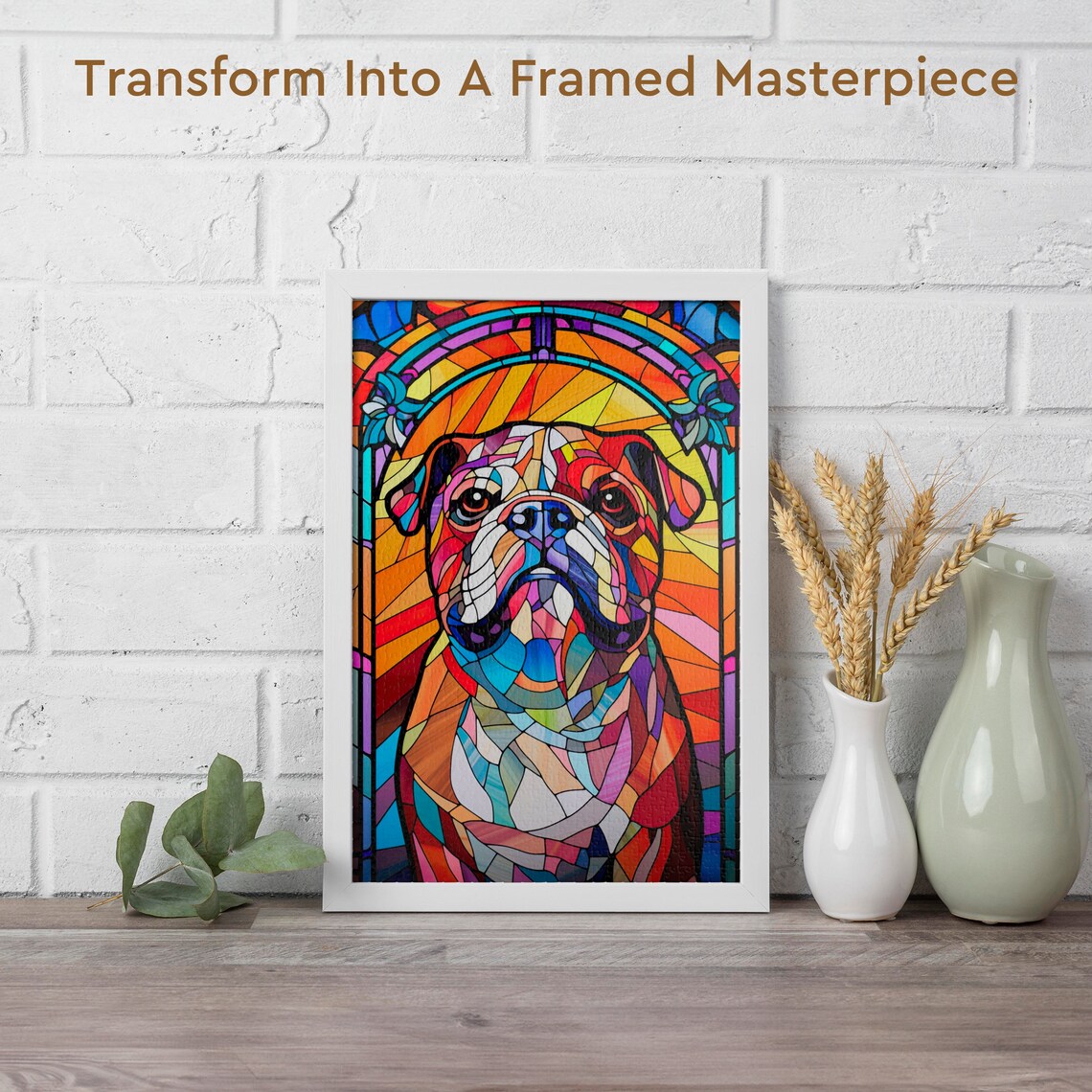 Bulldog Portrait in Colorful Stained Glass Mosaic Style Poster - Image 2
