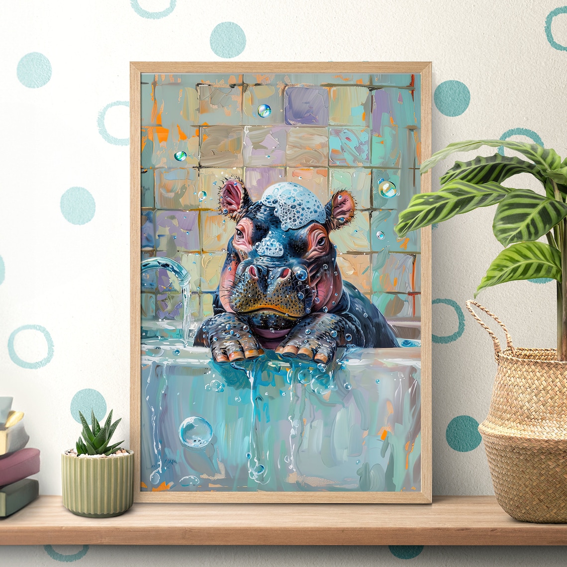 Bathtub Bubble Bath Hippo Poster, Funny Bathroom Art