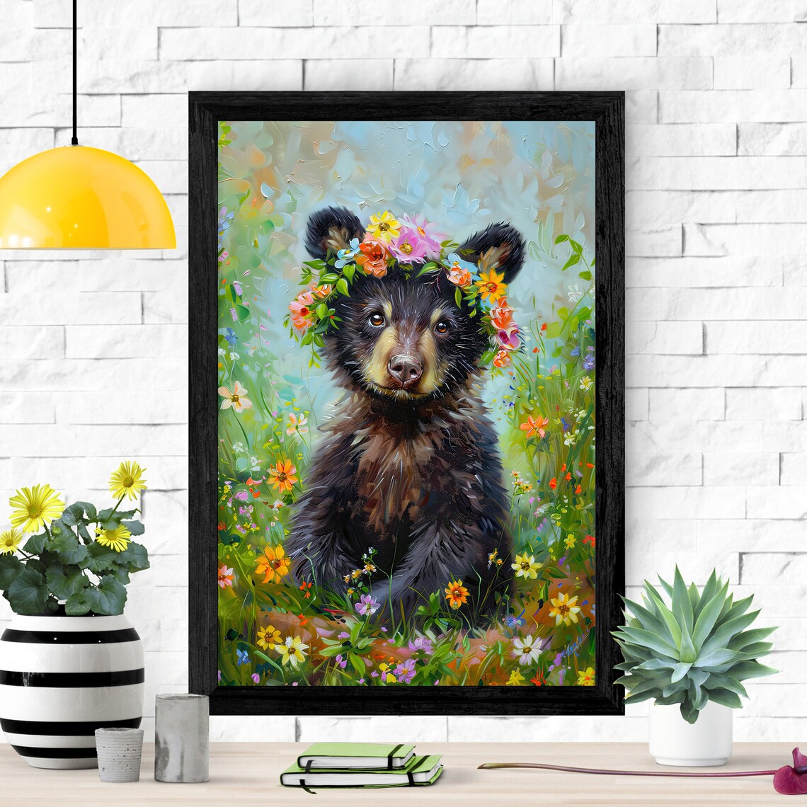 Floral Crown Black Bear Bohemian Poster Print