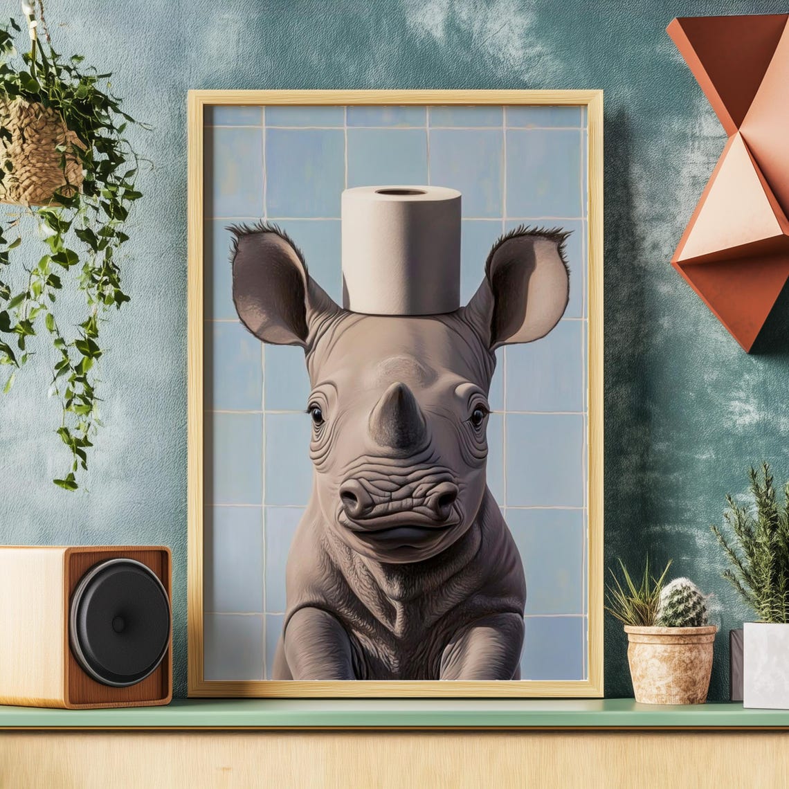 Baby Rhino Portrait Balancing a Toilet Paper Roll on Head Poster