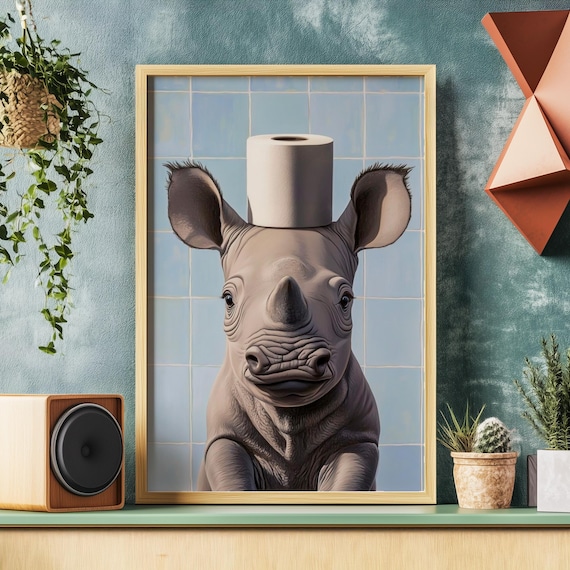 Baby Rhino Portrait Balancing a Toilet Paper Roll on Head Poster