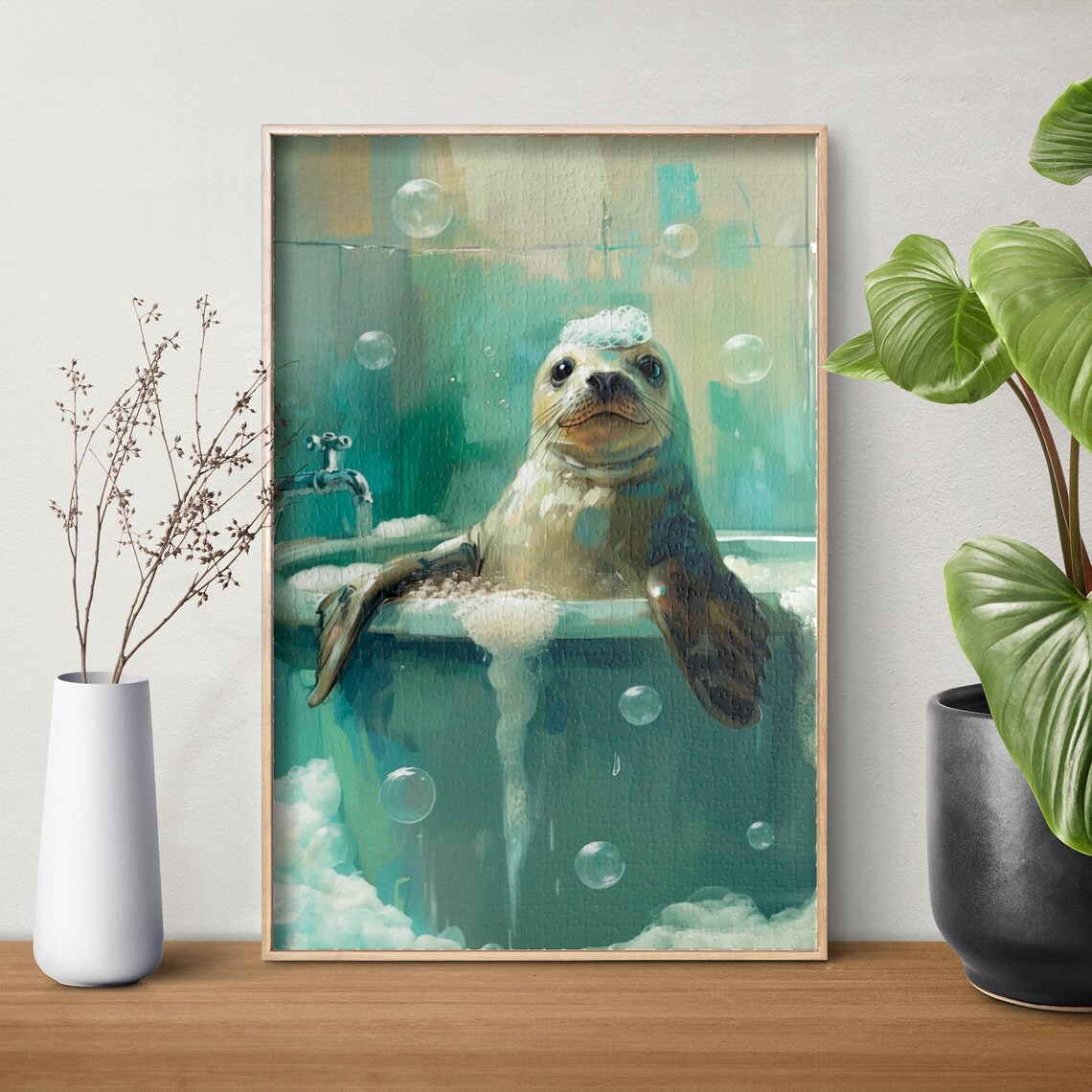 Baby Seal Lounging in a Bathtub Surrounded by Floating Bubbles Poster