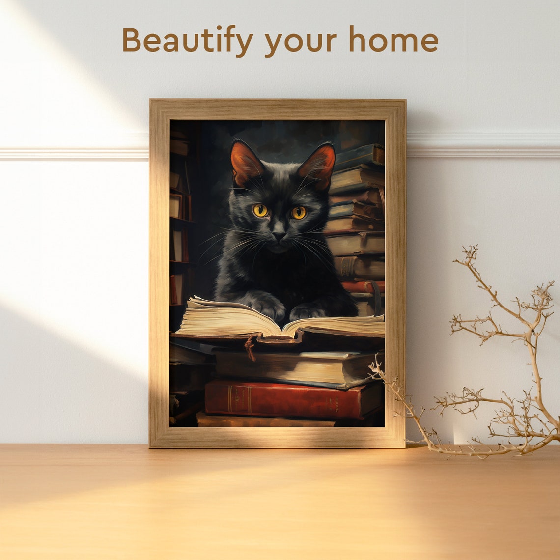 Black Cat Reading Book Vintage Library Stacks Book Lover Gift Poster - Image 3