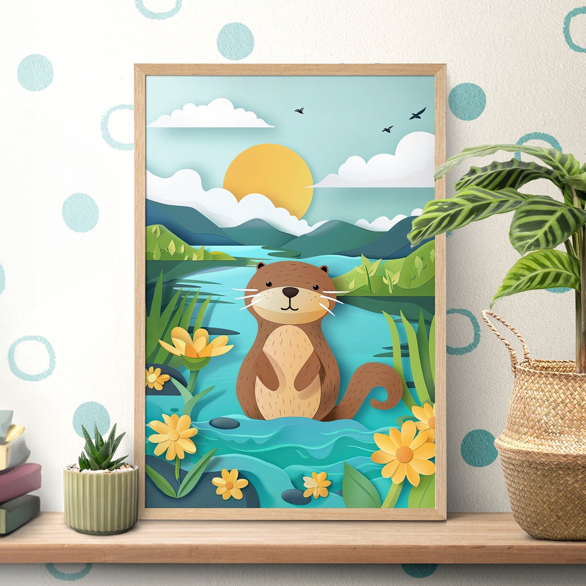 Cute Otter by the River at Golden Sunset in Papercut Style Poster