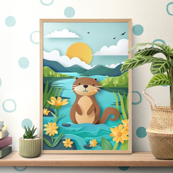 Cute Otter by the River at Golden Sunset in Papercut Style Poster
