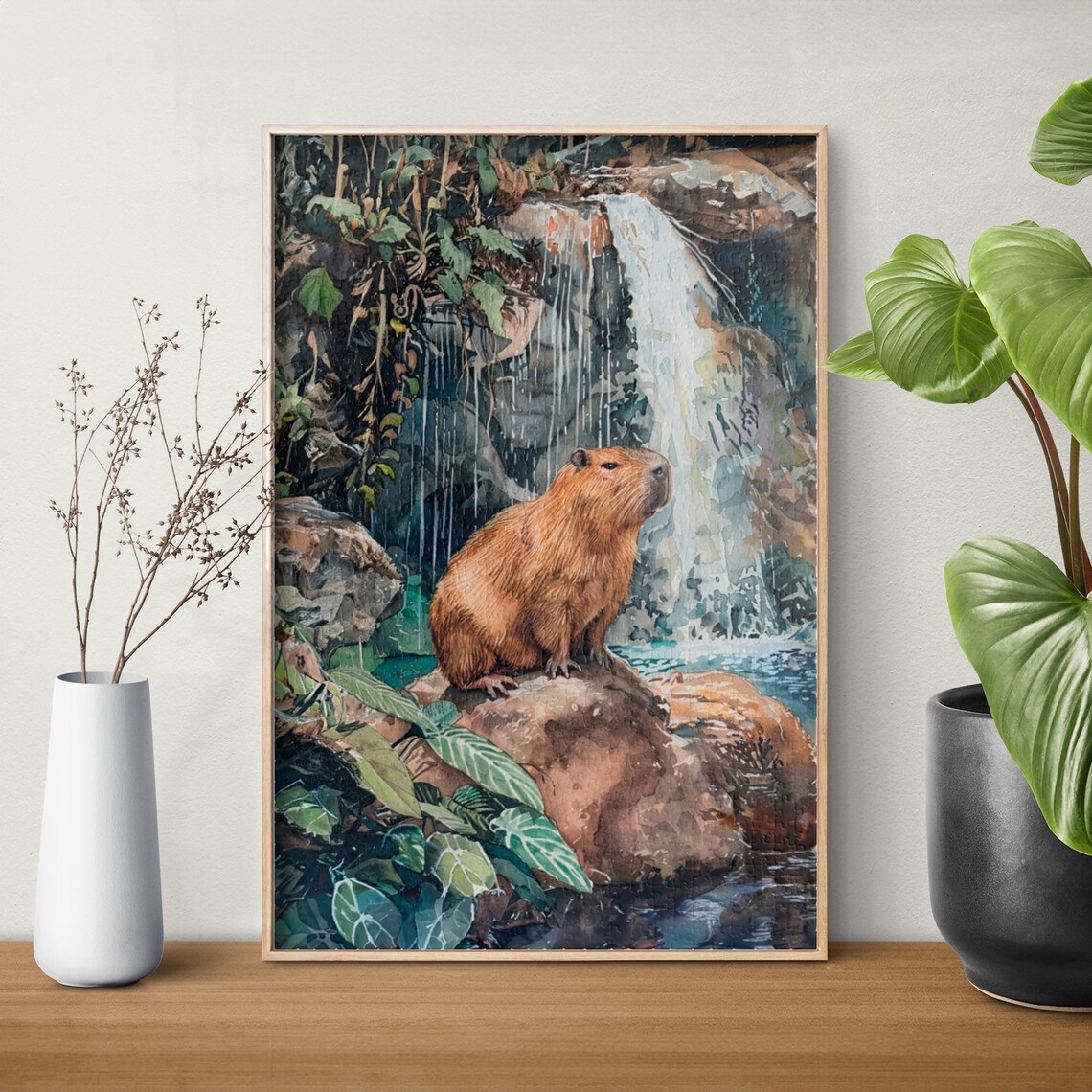 Capybara Watercolor Poster Sitting by Tropical Waterfall and Rocks