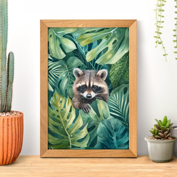 Raccoon Peeking Through Lush Tropical Monstera Leaves Watercolor Poster