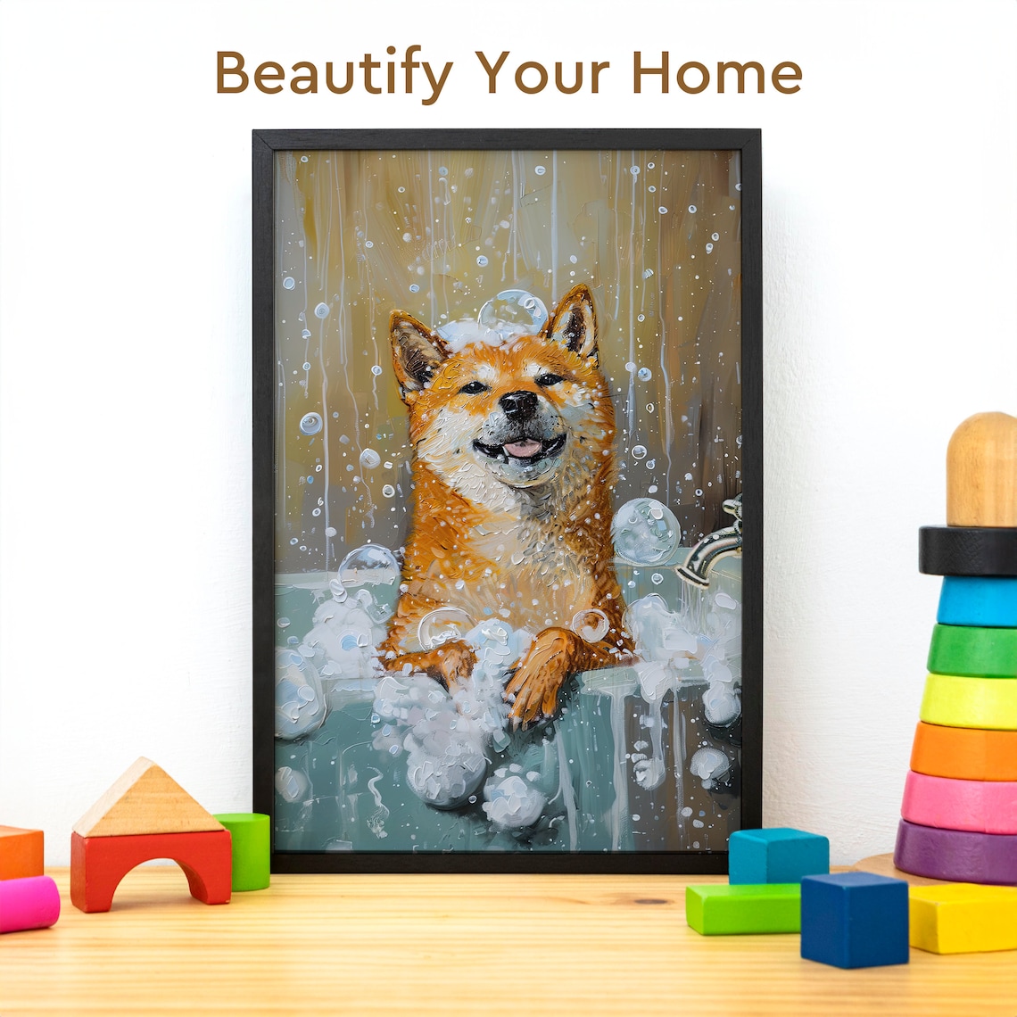Shiba Inu Bubble Bath, Oil-Painted Poster Print for Bathroom - Image 3