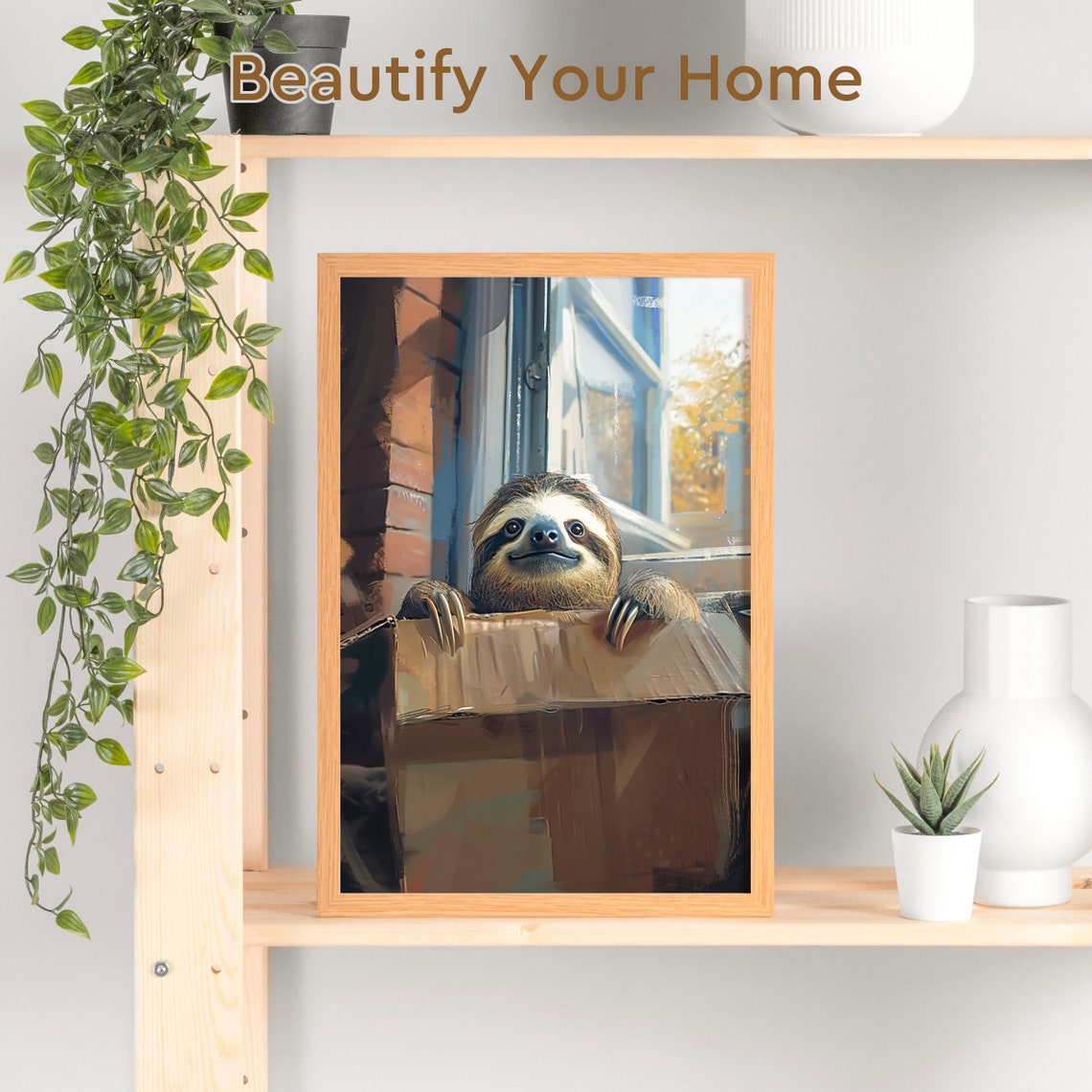 Smiling Sloth Peeking Out of a Cardboard Box Window Scene Poster - Image 3