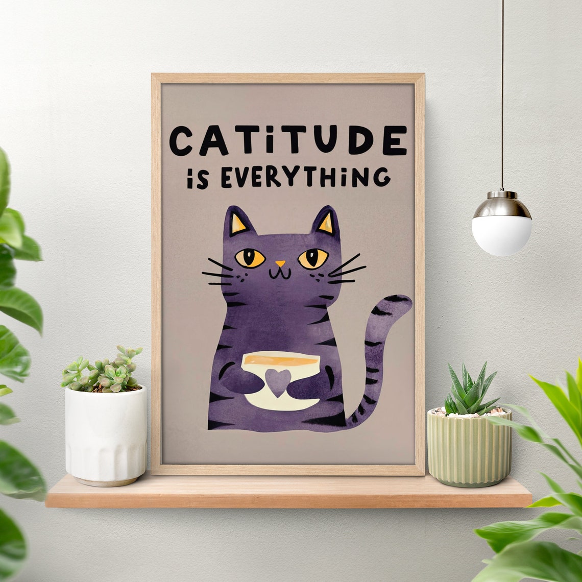 Catitude Is Everything Purple Tabby Cat Coffee Cup Funny Quote Poster