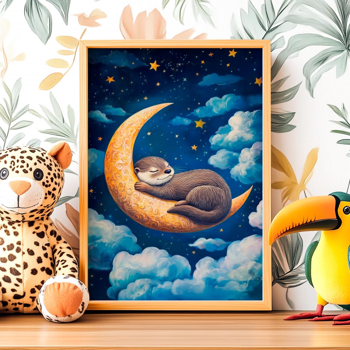 Sleepy Otter Curled Up Asleep On A Golden Crescent Moon Poster
