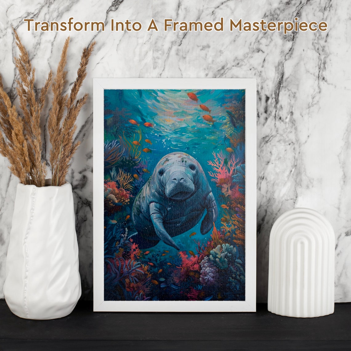 Curious Manatee Among Coral Reef Underwater Wildlife Art Poster - Image 2