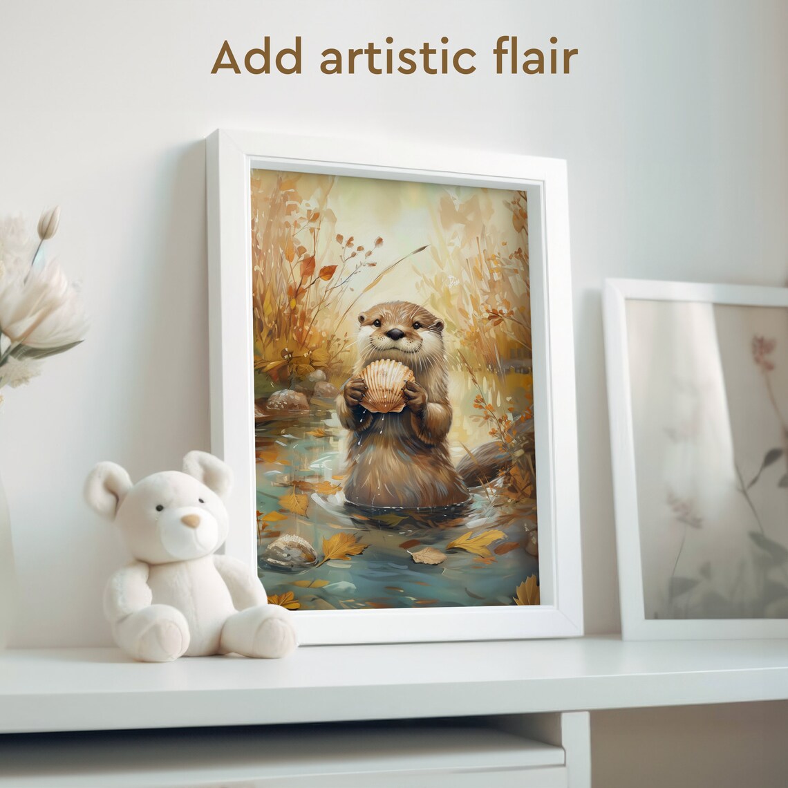 Playful Otter Holding a Scallop Shell in an Autumn Stream Poster - Image 2