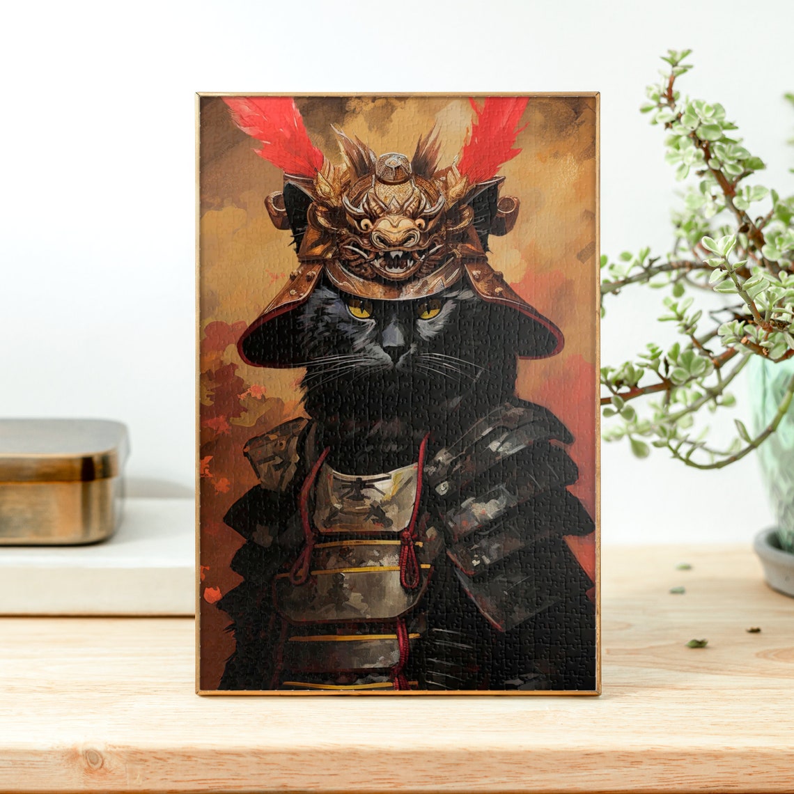 Black Cat Dressed in Ornate Samurai Warrior Armor Portrait Poster