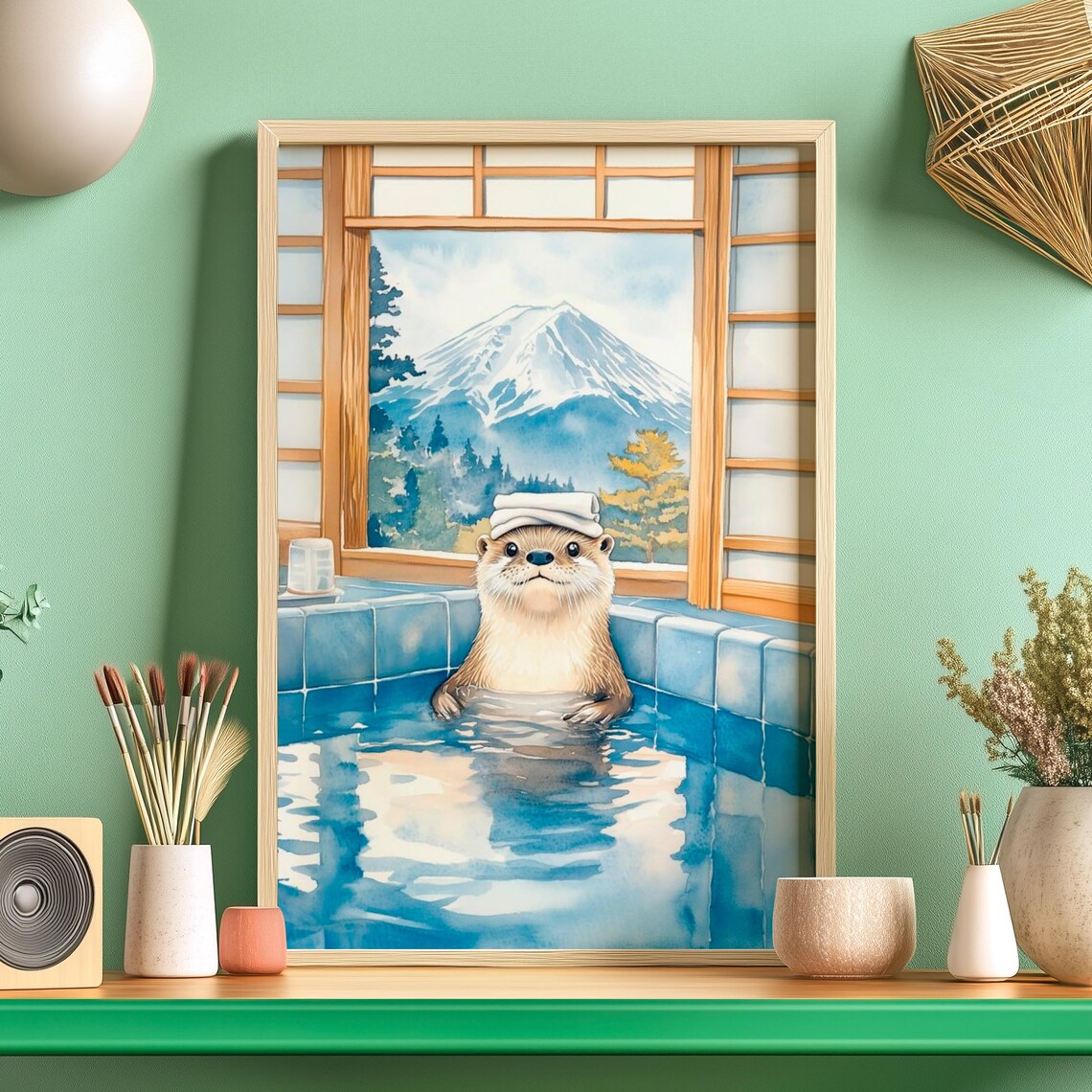Japanese Bathhouse Otter Poster, Funny Onsen Print