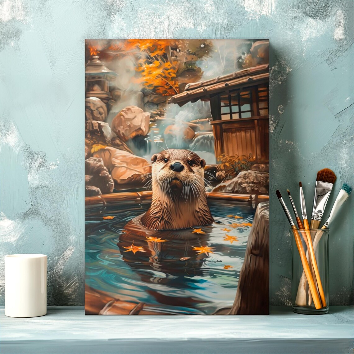Otter Relaxing In A Steamy Japanese Onsen During Autumn Poster