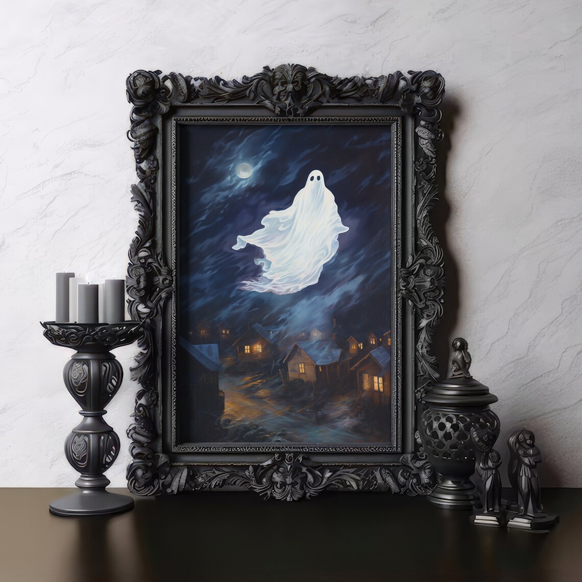 Ghost Floating Over Moonlit Village Night Sky Vintage Horror Poster