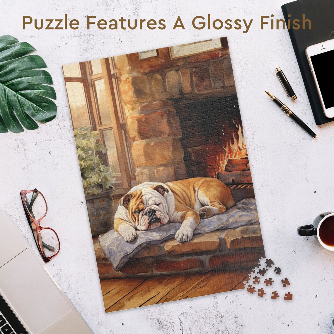 Sleepy English Bulldog Resting by a Warm Brick Fireplace Poster - Image 3