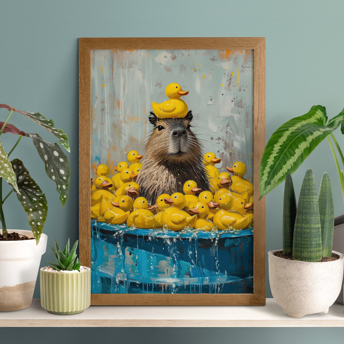 Rubber Duck Capybara Bathroom Poster, Funny Wildlife