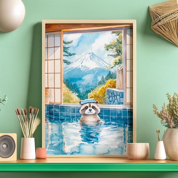 Raccoon Soaking In A Japanese Onsen Overlooking Mt. Fuji Poster
