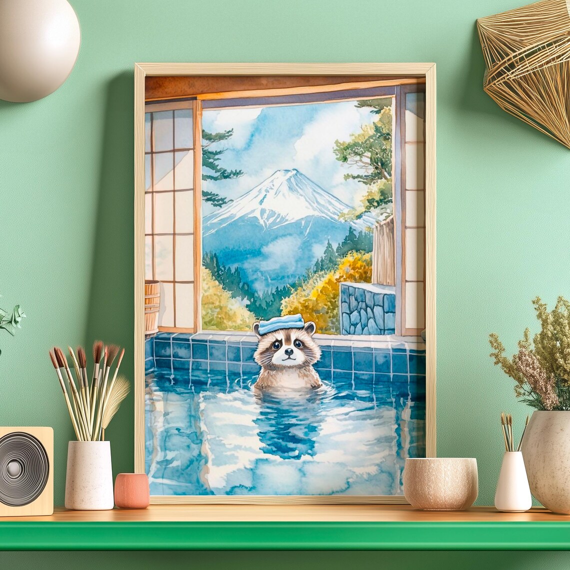 Raccoon Soaking In A Japanese Onsen Overlooking Mt. Fuji Poster