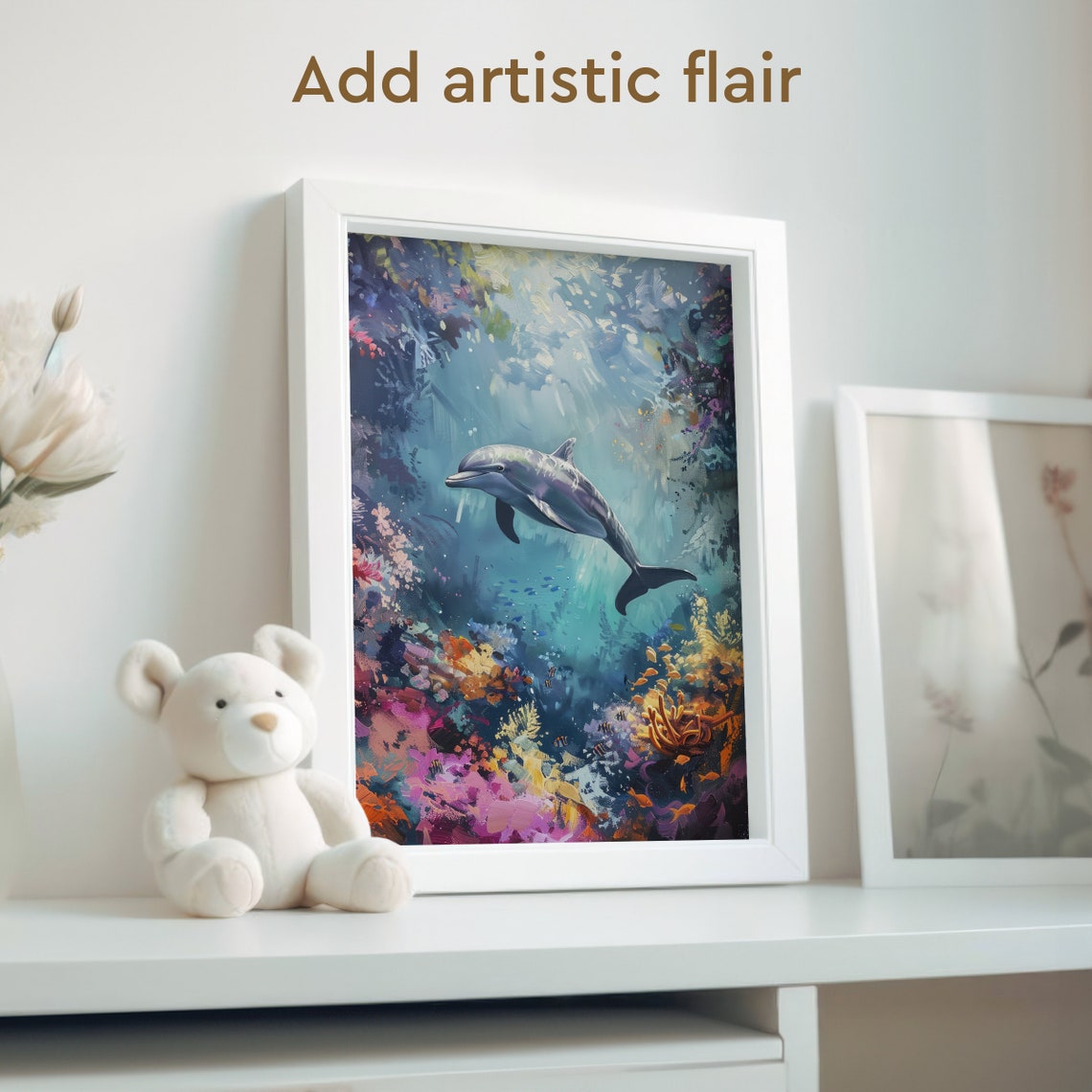 Dolphin Swimming Over a Vibrant Colorful Coral Reef Painting Poster - Image 2