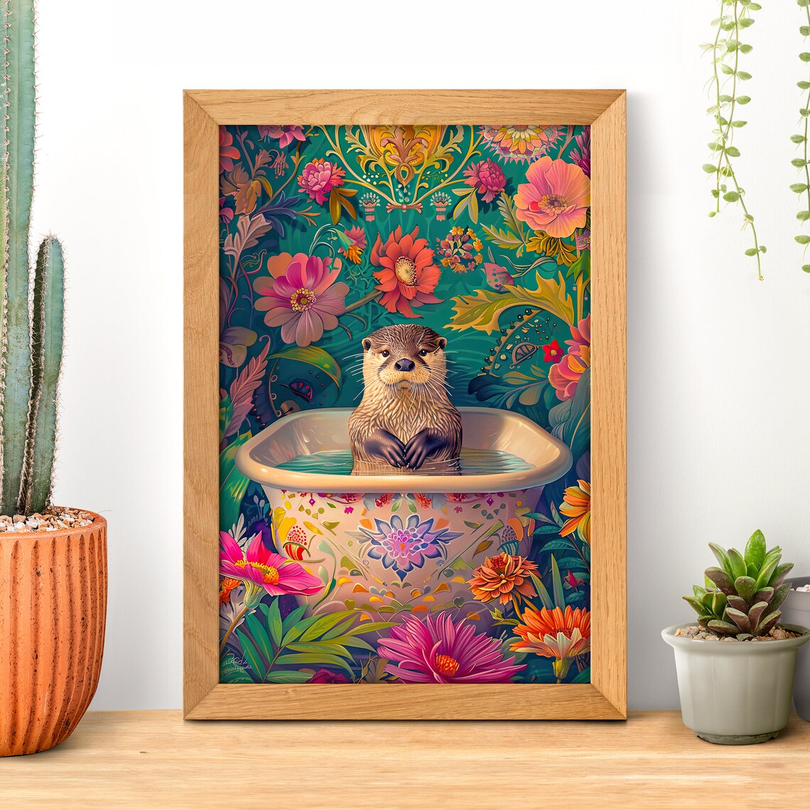 Floral Bathtub Otter Art Print, Funny Bathroom Decor
